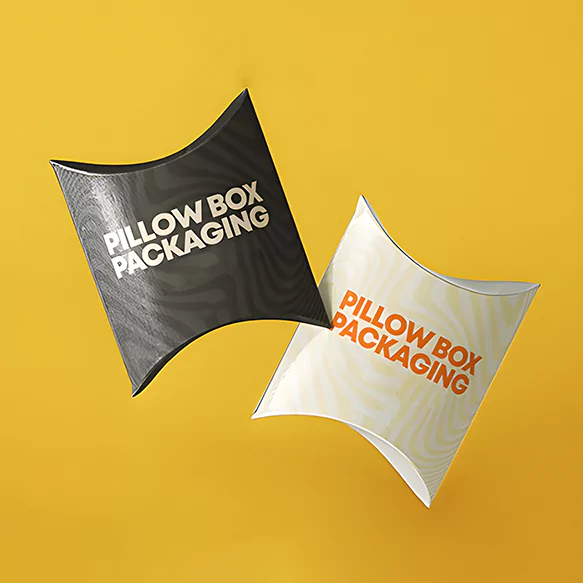 Custom pillow boxes with printed design and premium color finish by Mario Packaging